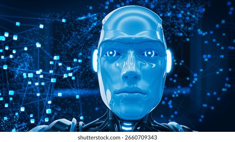Close Up Of An AI Robot. Featuring Dynamic 3D Graphics And Futuristic Imagery, Highlighting The Convergence Of Technology And Consciousness