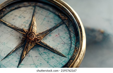 Close Up Antique Compass On Map With Copy Space. Travel, Navigation Concepts. 3d Rendering Image.