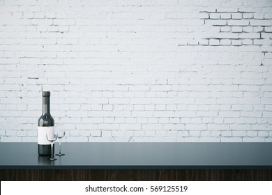 Close Up Of Bar Counter With Wine Bottle, Glasses And Blank Brick Wall. Mock Up, 3D Rendering