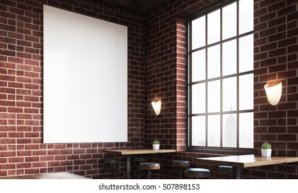 Close Up Of Bar Interior With Stools, Tables And Large Vertical Poster On Brick Wall. Concept Of Pub Culture. 3d Rendering. Mock Up. Toned Image