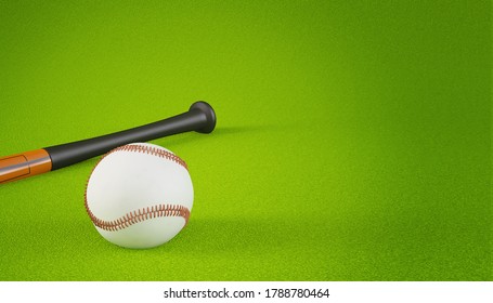 Close Up Baseball With Leather Globe And Bat On Artificial Grass Background With Copy Space For Text, Concept Image For Sport Tournament, Exercise Or Recreation In Arena For Young People. 3D Rendering