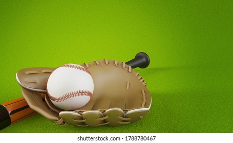 Close Up Baseball With Leather Globe And Bat On Artificial Grass Background With Copy Space For Text, Concept Image For Sport Tournament, Exercise Or Recreation In Arena For Young People. 3D Rendering