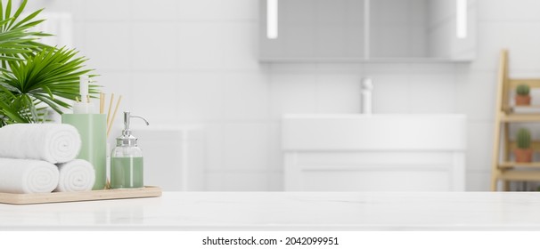 Close Up Bathroom Tabletop With Mockup Space And Bath Accessories Over Modern Cozy Bright Bathroom. 3d Rendering, 3d Illustration