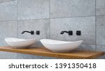 Close up of bathroom vanity basin on a wodden oak top vanity with black water faucet 3D-Illustration.