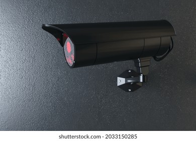 Close up of black CCTV camera on concrete wall background. Supervision concept. 3D Rendering