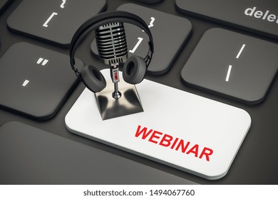 Close Up Of Black Keyboard With Mic And Headphones On White Webinar Button. Online Education Concept. 3D Rendering 