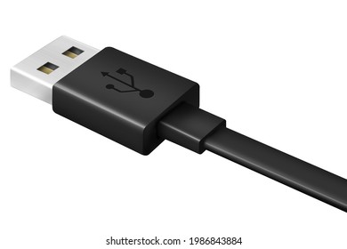 Close Up Of Black USB Cable Isolated Illustration On White Background. Isolated Usb Cord. Charger Usb Cable. 3D Illustration Render