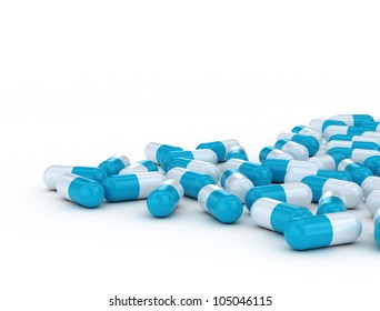 close up of blue medical capsules isolated on white background