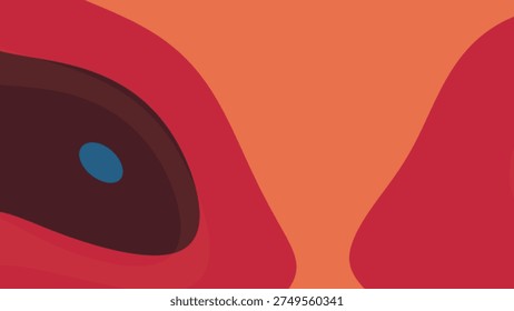 Close up of bold red and orange abstract shapes with a dark curved form and a small blue accent on a light orange background, creating a modern graphic composition.