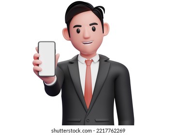 Close Up Of Businessman In Black Formal Suit Showing Phone Screen To The Camera, 3d Illustration Of Businessman Using Phone