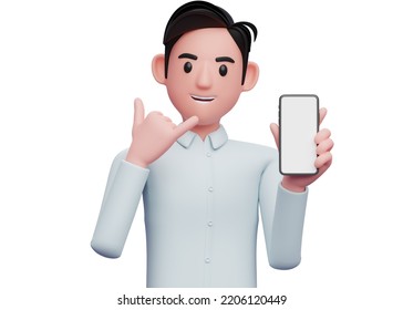 Close Up Of Businessman In Blue Shirt Doing Call Me Sign Finger Gesture With Showing Phone, 3d Illustration Of Businessman Using Phone