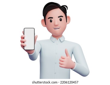 Close Up Of Businessman In Blue Shirt Give Thumbs Up And Showing Phone Screen To The Camera, 3d Illustration Of Businessman Using Phone