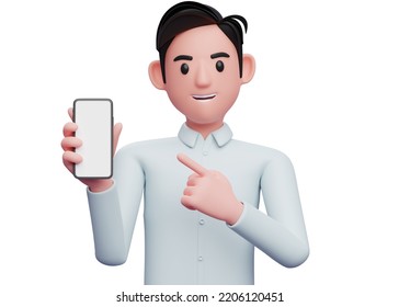 Close Up Of Businessman In Blue Shirt Pointing Cell Phone With Index Finger, 3d Illustration Of Businessman Using Phone