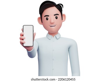 Close Up Of Businessman In Blue Shirt Showing Phone Screen To The Camera, 3d Illustration Of Businessman Using Phone