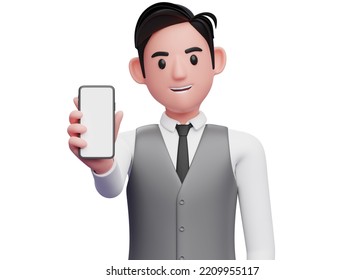 Close Up Of Businessman In Gray Office Vest Showing Phone Screen To The Camera, 3d Illustration Of Businessman Using Phone