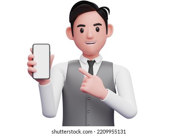 Close Up Of Businessman In Gray Office Vest Pointing Cell Phone With Index Finger, 3d Illustration Of Businessman Using Phone