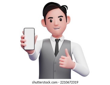 Close Up Of Businessman In Gray Office Vest Give Thumbs Up And Showing Phone Screen To The Camera, 3d Illustration Of Businessman Using Phone