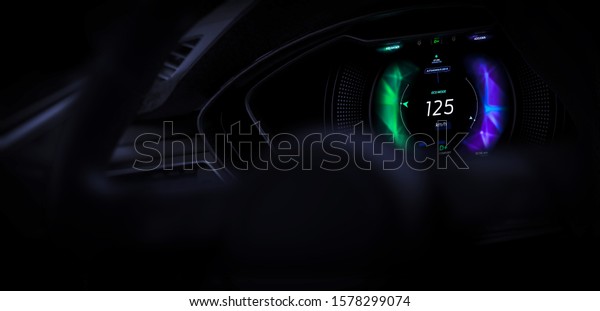 Close up of car cockpit with hi-tech\
dashboard UI (3D\
Illustration)