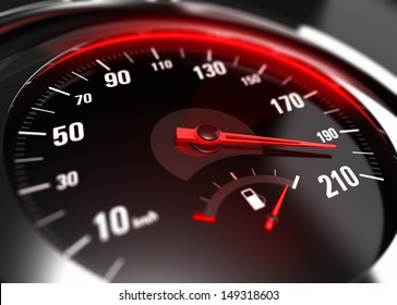 Close Up Of A Car Speedometer With The Needle Pointing A High Speed, Blur Effect, Conceptual Image For Excessive Speeding Or Careless Driving Concept