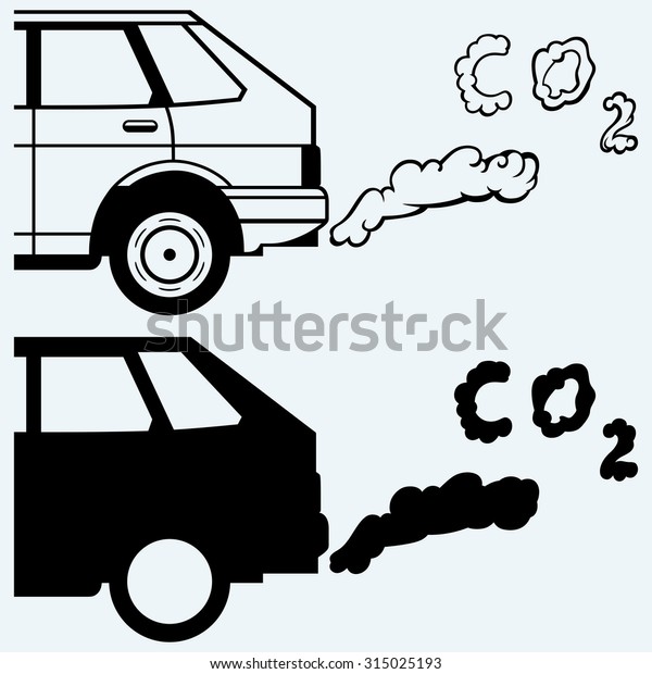 Close up of a car\'s fumes\
emissions in the traffic jam. Isolated on blue background. Raster\
version