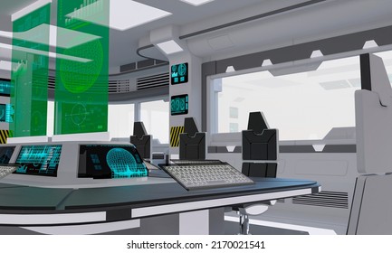 Close Up In The Central Table On The Command Control Room, 3d Illustration