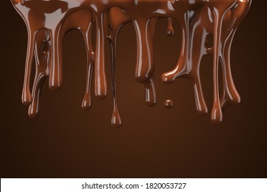 Close Up Chocolate Dripped On Brown Color Background. 3D Render.