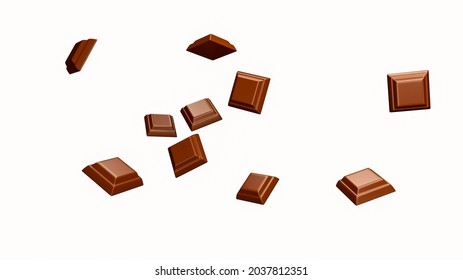 close up of chocolate pieces stack falling on white background 3d illustration 3d rendering