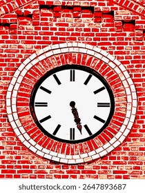 Close up of a clock on a red Brick wall mixed media
