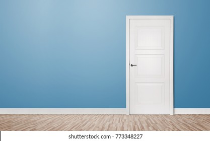 Close Up Of Closed Wooden Door In The Empty Room With Copy Space