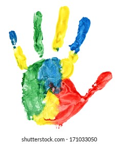 Close up of colored hand print on white background