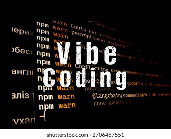 Close up of computer screen showing abstract text 'vibe coding' over a background of command line interface messages and npm warnings.