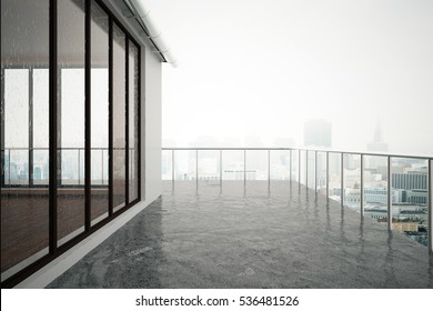 Close Up Of Concrete Balcony In Modern Building. Dull City Background. 3D Rendering