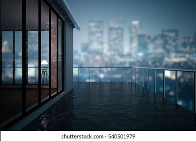 Close up of concrete balcony in modern building. Blurry night city background. 3D Rendering