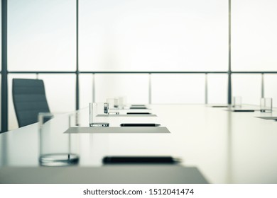 Close Up Of Conference Table Ready For Business Meeting With Glasses, Pen And Blank Sheet In The Morning. 3D Rendering