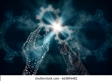 Close up of creative polygonal hands holding blue cogwheels on dark background. Tech concept. 3D Rendering - Powered by Shutterstock