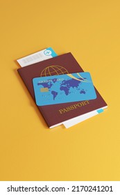 Close Up Of Credit Card, Passport And Plane Ticket On Yellow Background. Travel Concept. 3d Illustration.