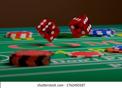 Close up of dice rolling on a craps table. Random concept. 3d illustration.