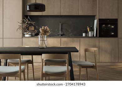 Close up of dinning table in kitchen, empty room.