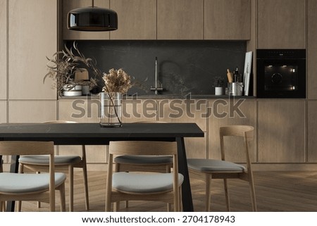 Close up of dinning table in kitchen, empty room.