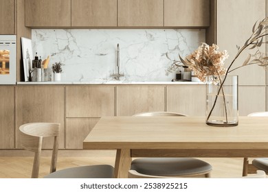 Close up of dinning table in kitchen interior, cabinet with modern kitchenware and sink with stove. Minimalist cooking area with wooden design
