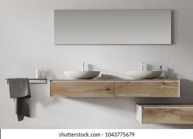 Close Up Of A Double Sink Standing On A Wooden Shelf In A White Wall Bathroom. 3d Rendering, Mock Up