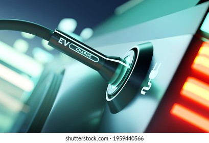 A close up of an electric car being charged up using a car charging station. e-car and substainable energy. 3D illustration