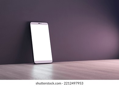 Close up of empty white mobile phone on dark wall and wooden surface background. Mobile app concept. 3D Rendering