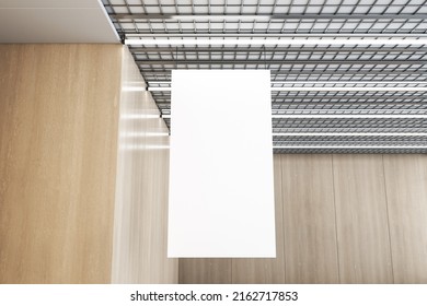 Close up of empty white stopper hanging in wooden interior with industrial ceiling. Mock up, 3D Rendering