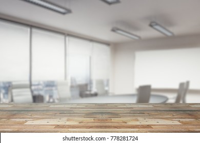 Close Up Of Empty Wooden Table, Surface Or Counter With Blurry Office Wallpaper. Copy Space, 3D Rendering 