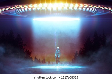 Close encounter with an Alien under a Flying saucer with ray lights on a road in the wood - 3D rendering