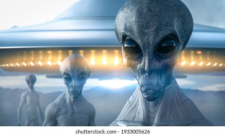 close up encounters with grey alien eyes in a withe space suit landing on earth with bright light ufo in background - concept art - 3D rendering 