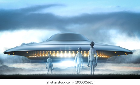 close encounters long shot of three aliens in withe space suite landing on a landscape and a ufo with bright light in background - concept art - 3D rendering 