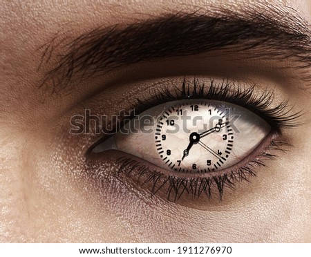 Close up of an eye with a clock instead of iris . Passing time concept . This is a 3d render illustration .