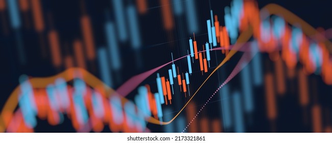 Close Up Financial Chart With Line Graph In Stock Market On Blue Color Background